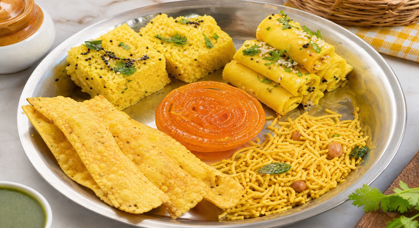 Gujarati farsan plate: a little of each adds up fast