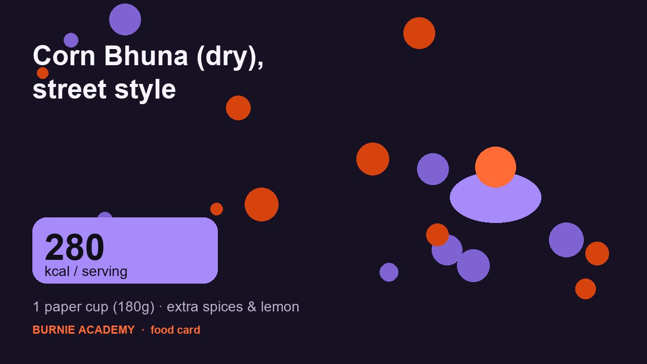Corn Bhuna (dry), street style: the honest calorie talk
